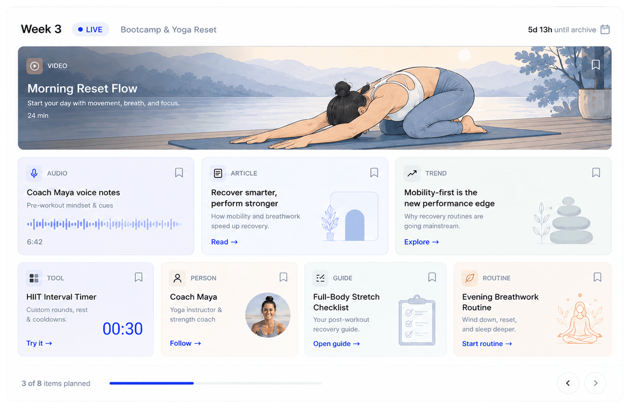 A structured weekly board with organized, curated content